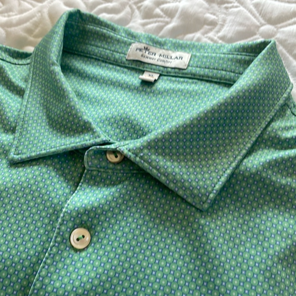 Peter Millar SS Jersey. Light Green-Purple-White Print. Size XL